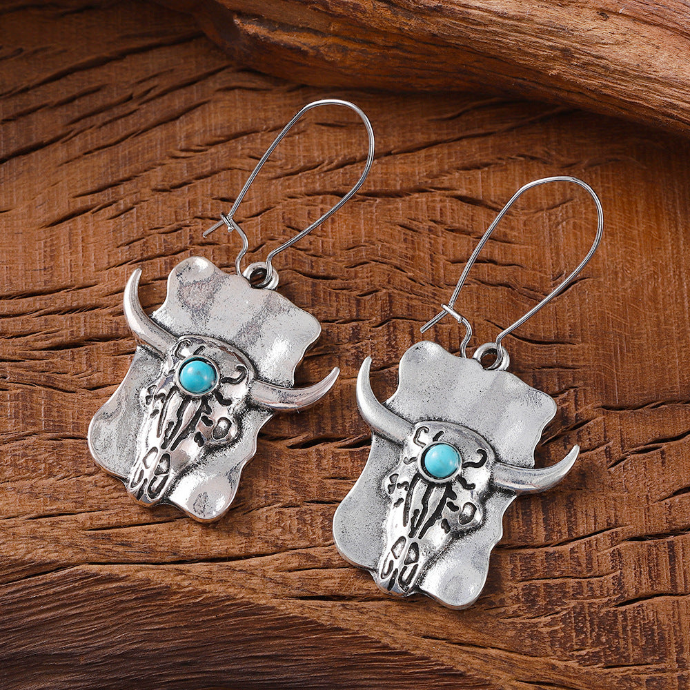 Wholesale  retro ethnic style inlaid turquoise cow head earrings