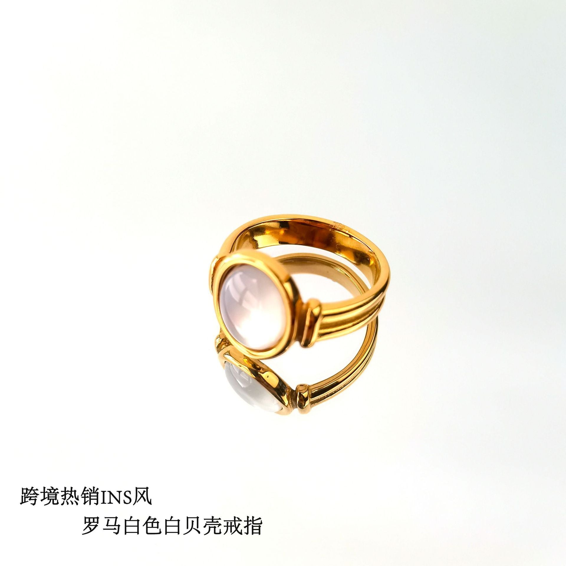 Wholesale Curved White Shell Mother-of-pearl Oval 18K Gold Plated Titanium Steel Rings ACC-RS-GuDi002