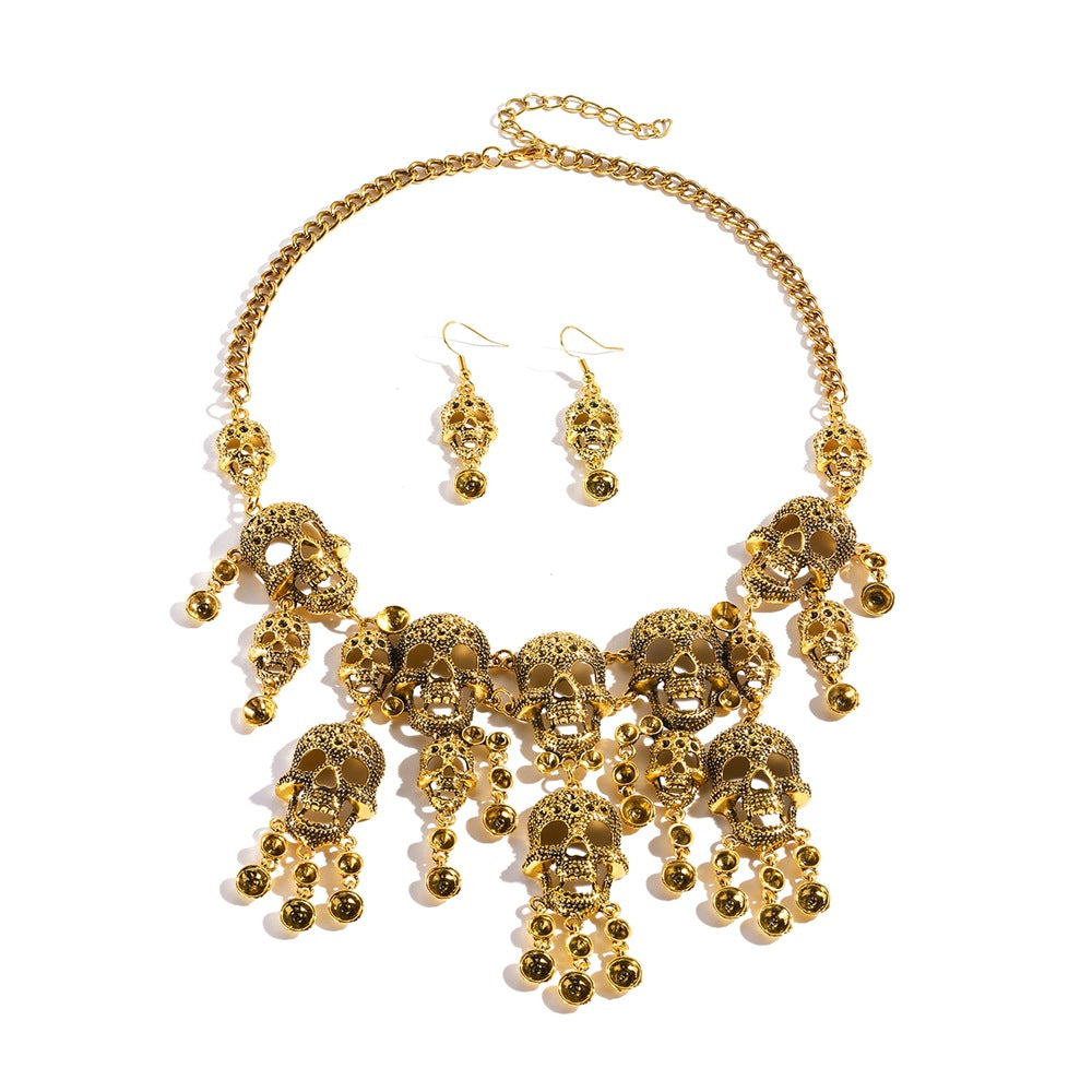 Wholesale Gold Tone Alloy Skull Jewelry Set - Punk Retro Necklace and Earrings for