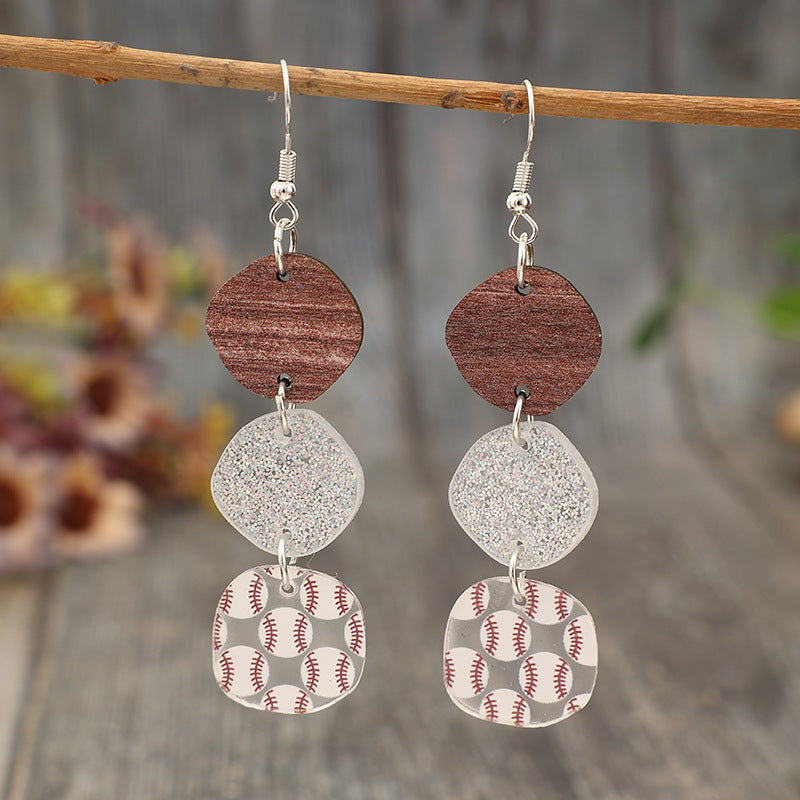 Wholesale  Retro Multiple Geometric Splicing Printed Baseball Sports Style Earrings