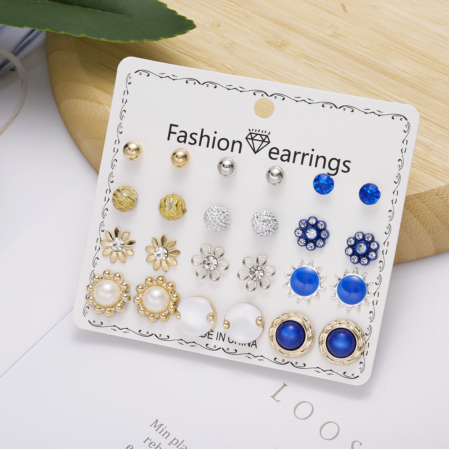 Wholesale 12pcs/set Pearl Rhinestone gold ball combination card earrings set