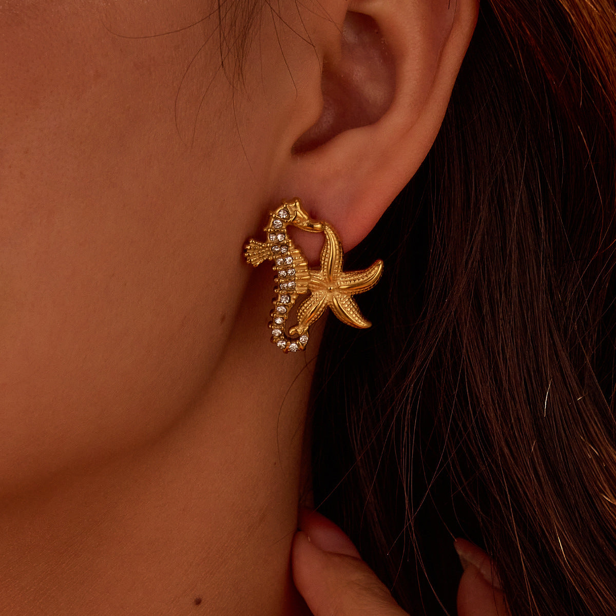 Wholesale Stainless Steel  Marine Style Summer  Seahorse Starfish Diamond Earrings