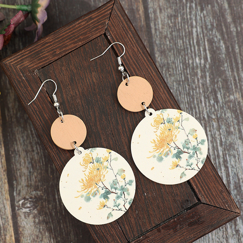 Wholesale Round printed flower stitching small wood pieces acrylic earrings