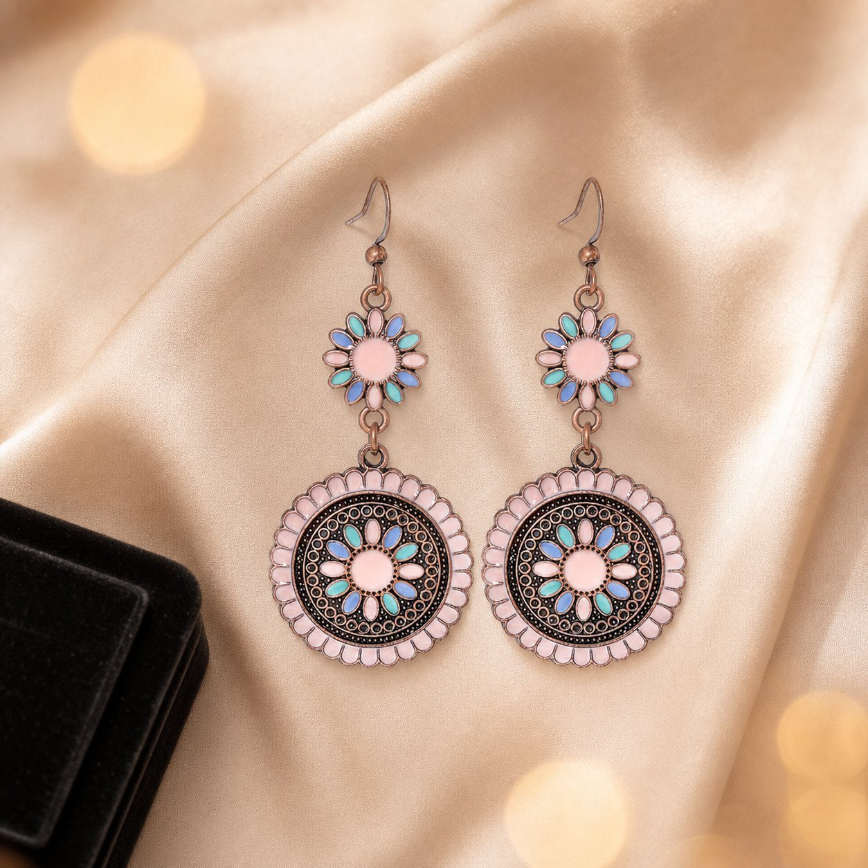 Wholesale Bohemian Geometric Round Oil Drop Earrings Bronze Red Alloy Flower Design Boutique Resale Jewelry Accessory