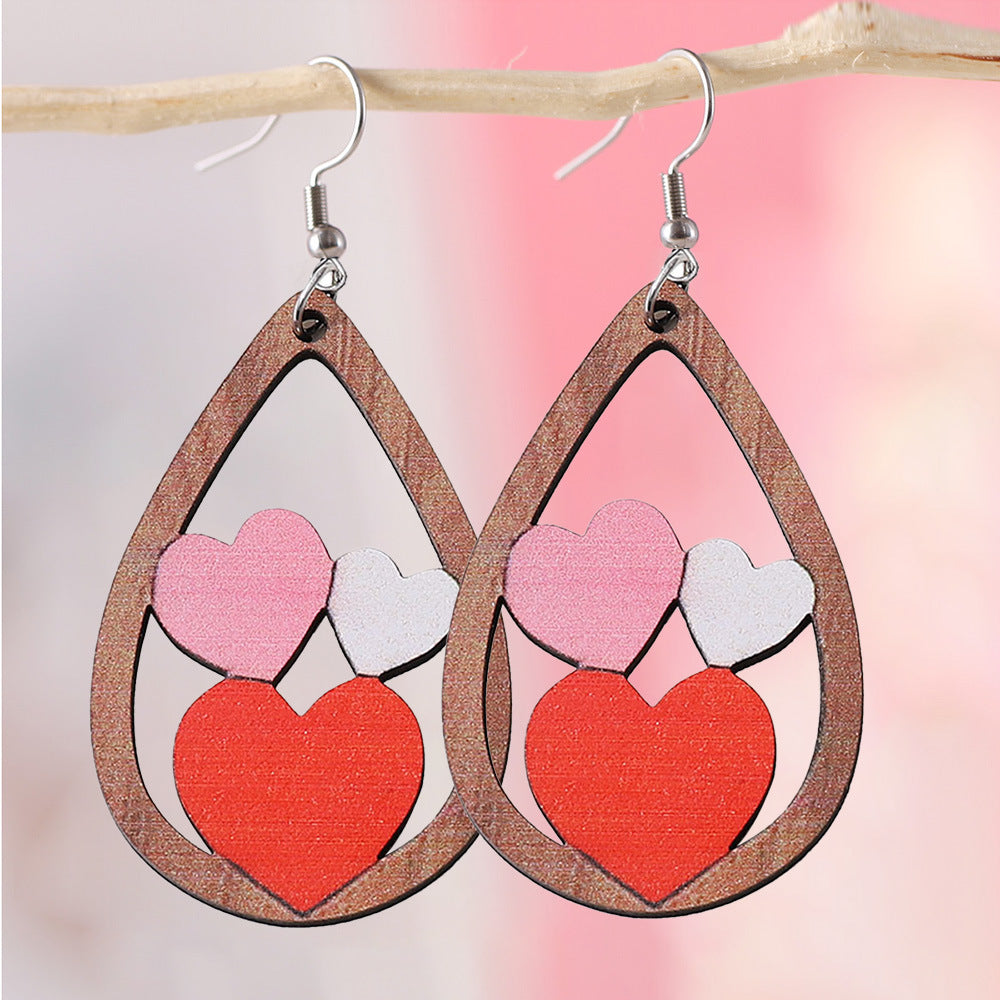Wholesale water drop lovely double-sided wooden Valentine's Day earrings