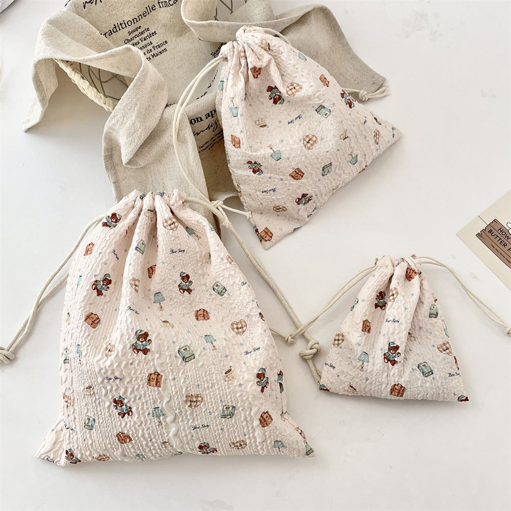 Wholesale Trendy Cartoon Embossed Drawstring Makeup Pouch Small Polyester Cosmetic Storage Bag Dustproof Portable Organizer Fashion Accessory