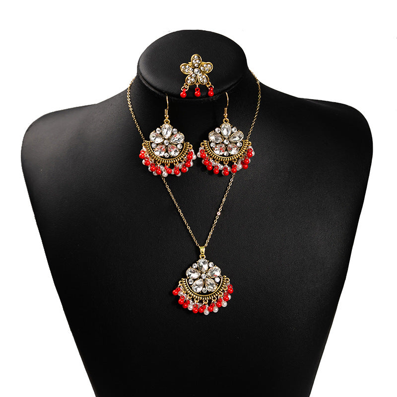 Wholesale  Exaggerated Crystal Jewelry suit Vintage Bohemian Style Ring Earrings Necklace Three-piece Set