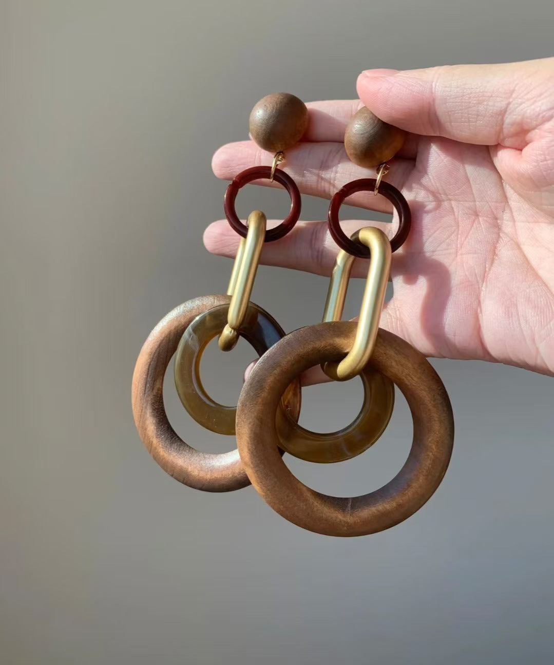 Wholesale Retro Geometric Color-Block Wooden Hoop Earrings for Women Party Wear