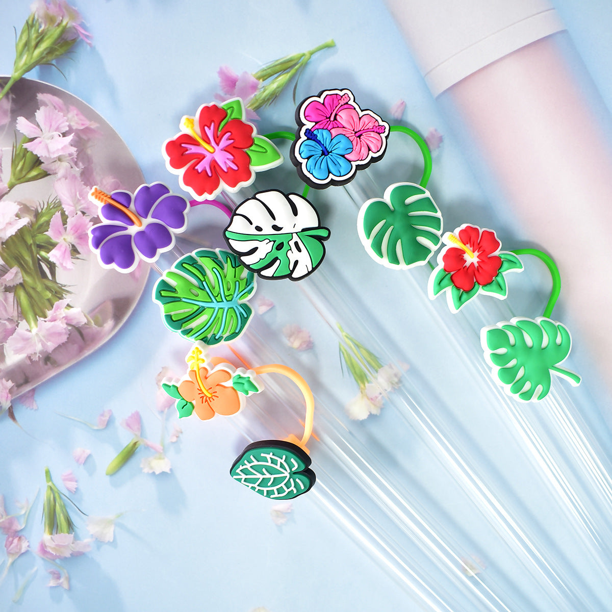 Wholesale Random 100pcs Tropical Plant Straw Tube Cap 10mm Soft Glue Straw Decoration Straw Cover ACC-SCR-RYY049