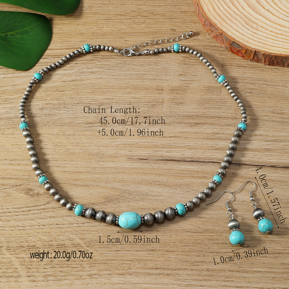 Wholesale  2-piece Set Fashion Turquoise Beaded Women's Earrings Necklace Chain