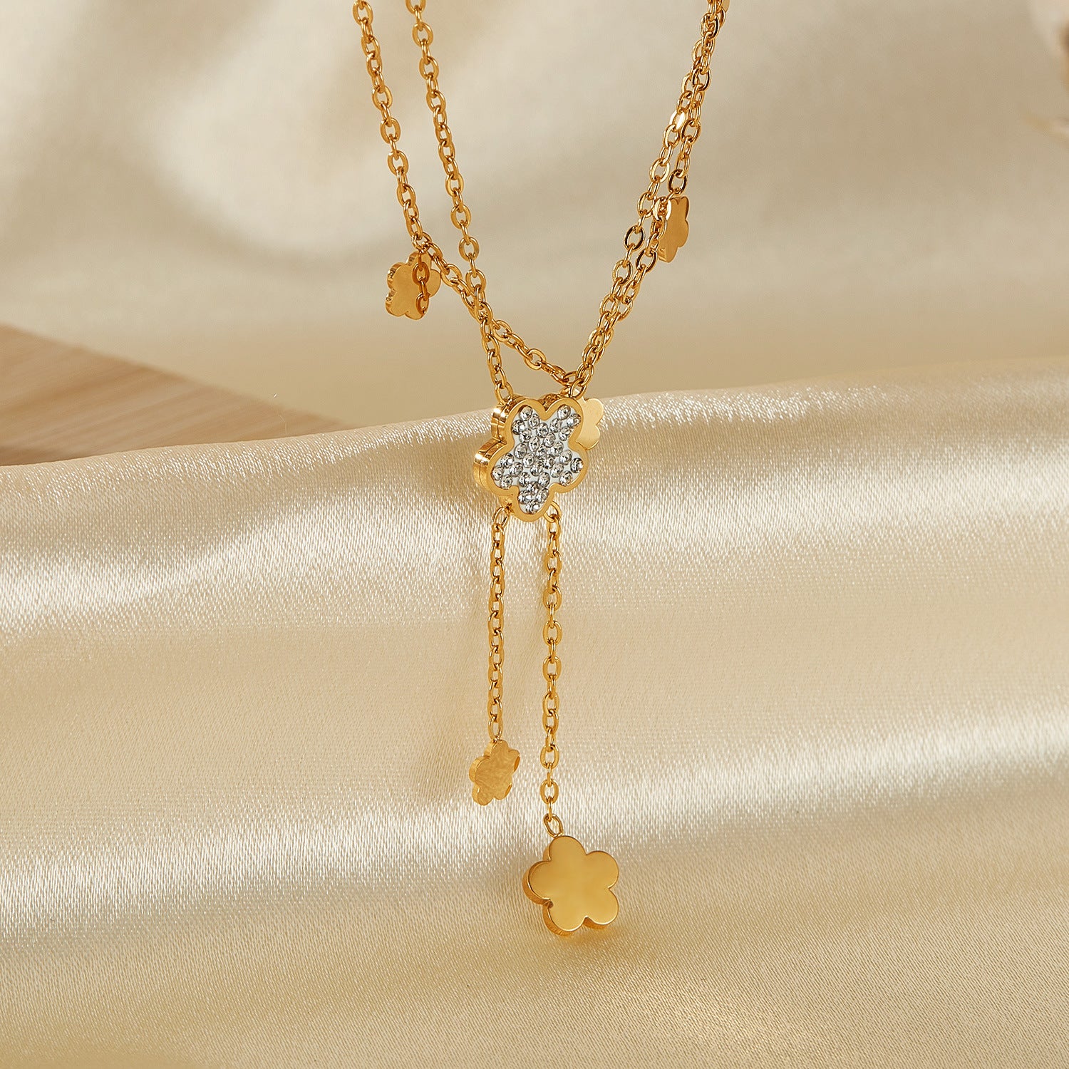 Wholesale Titanium Steel Double Layer Stacked Flower Tassel Zircon Jewelry Necklaces