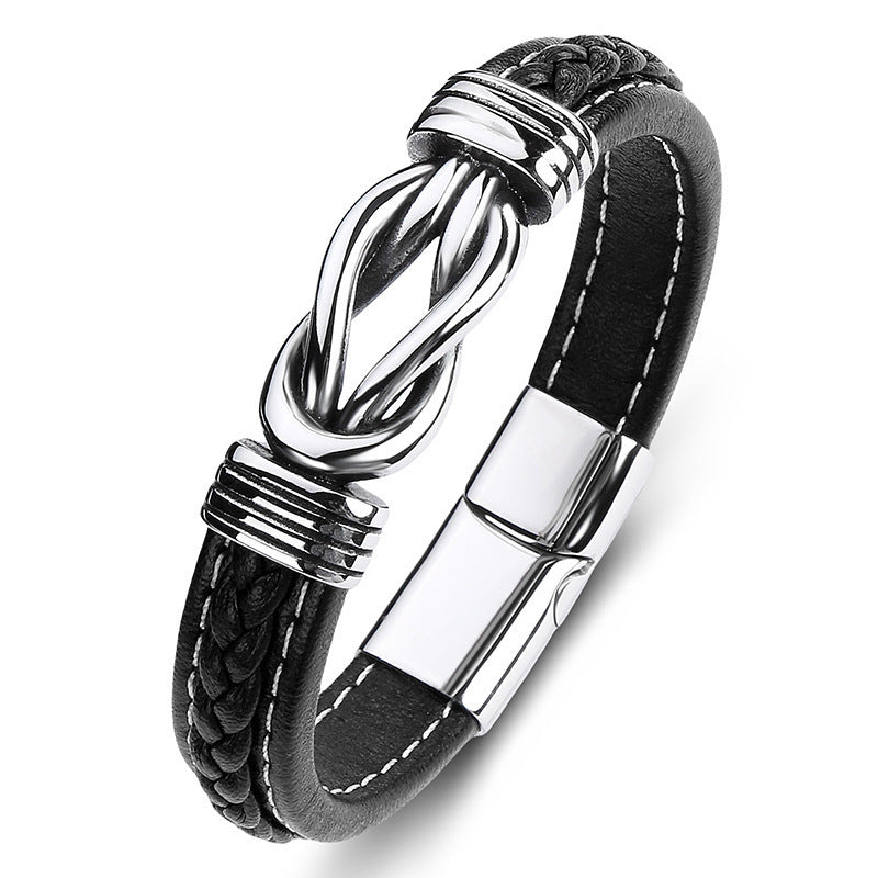Wholesale Stainless steel  woven leather hand rope punk style alloy 8-character  bracelet