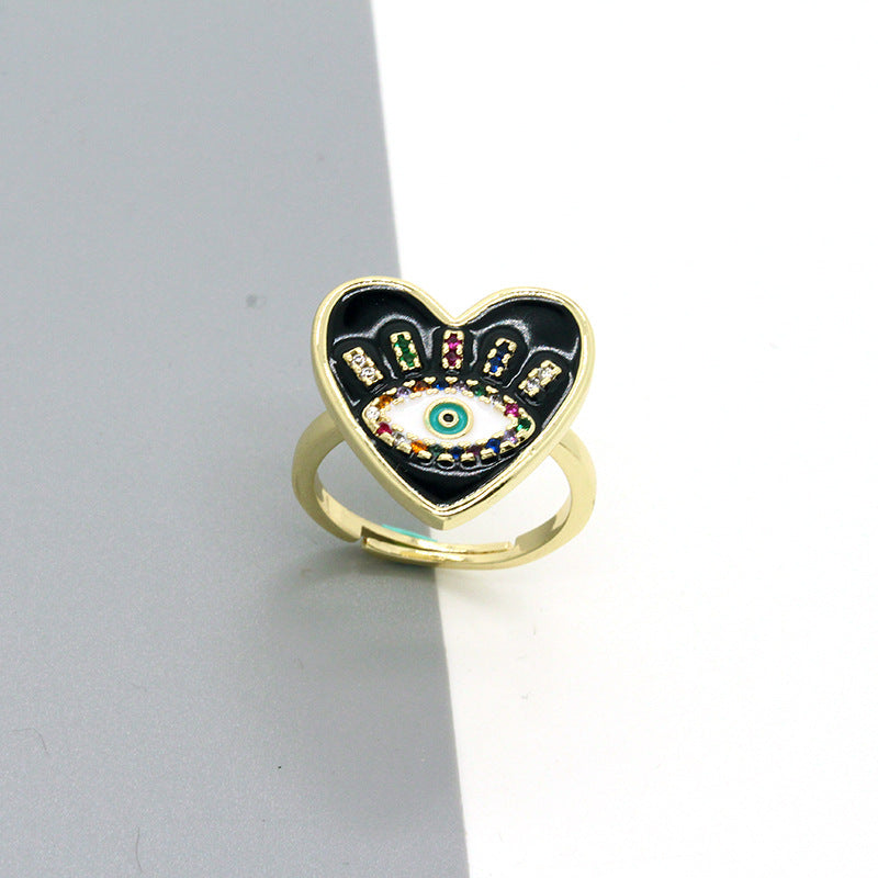 Wholesale Trendy Evil Eye Heart Rhinestone Open Ring Drip Oil Finish Party Jewelry Accessory