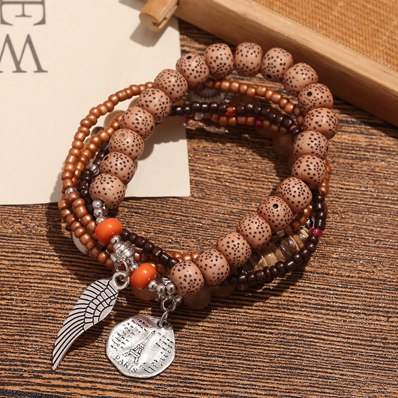Wholesale Alloy Bohemian Multi-Layer Beaded Bracelet with Wing Design,  Fashion Accessory for Women,  Travel Gift