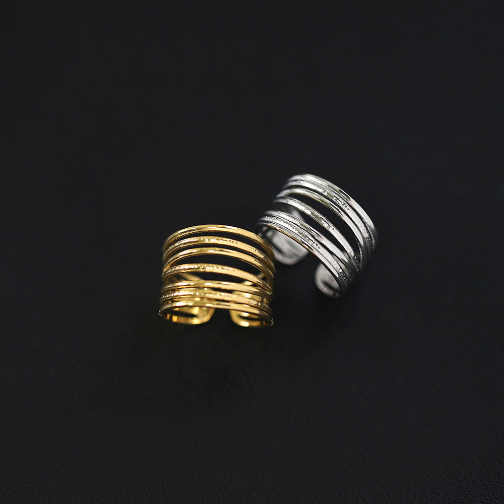 Wholesale wide hollow titanium steel 18K gold plated adjustable ring