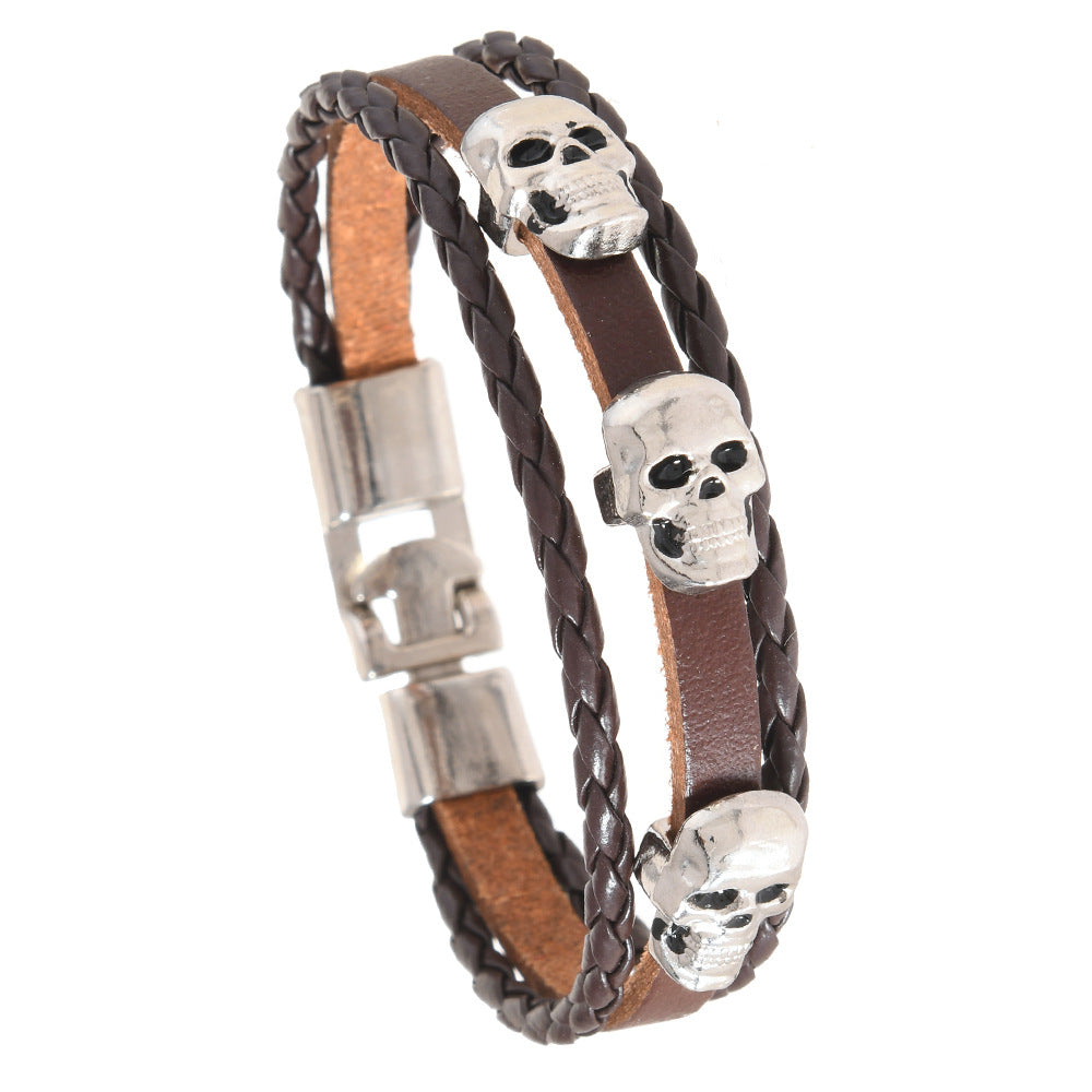 Wholesale Alloy Skull Bracelet Vintage Hand-woven Cowhide Bracelet