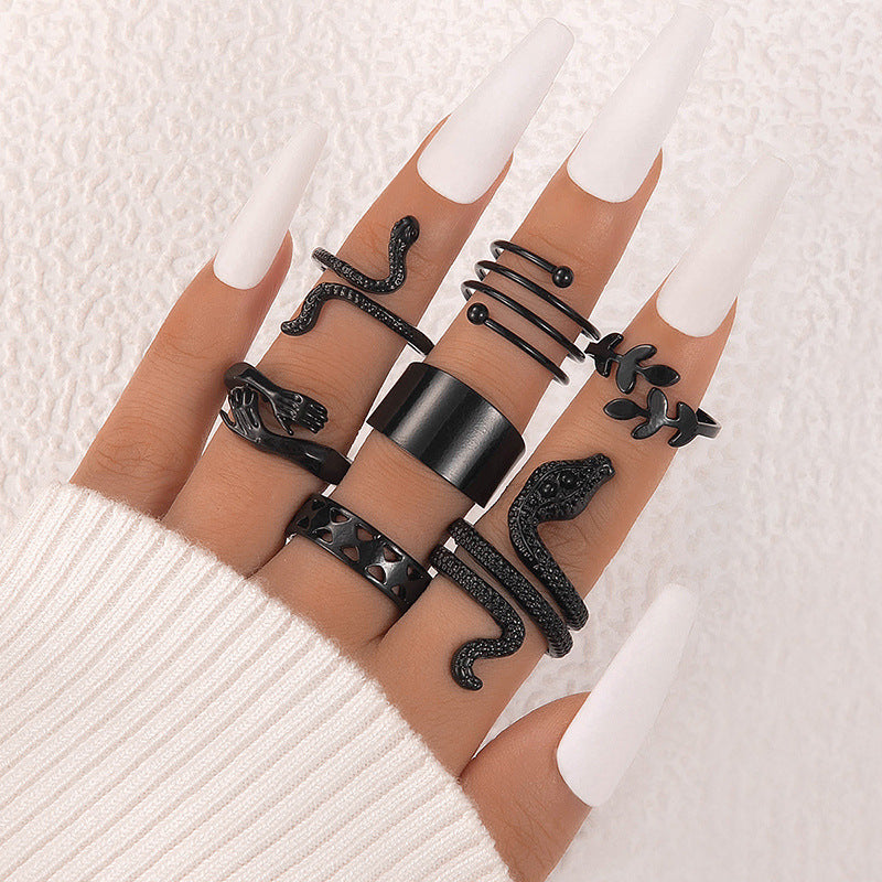 Wholesale Fashion Ring Set Spiral Stacking Black Gemstone Design Alloy Jewelry Accessory for Everyday Wear
