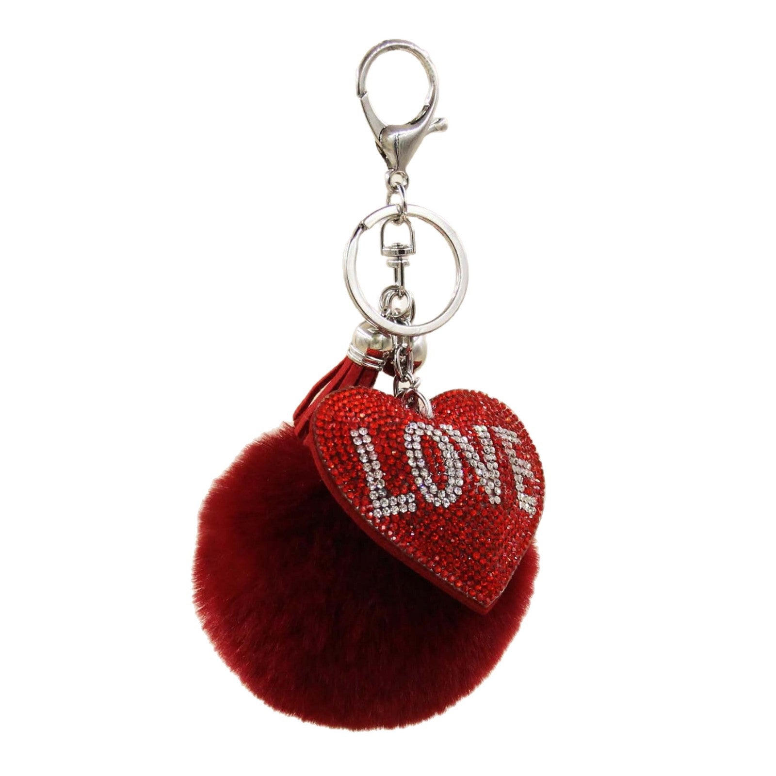 Wholesale Creative Hot-Drilled Heart-Shaped Keychain with Fur Ball Tassel Pendant,  Fashionable Heart-Shaped Rhinestone Ornament,  Valentine' s Day Small Gift