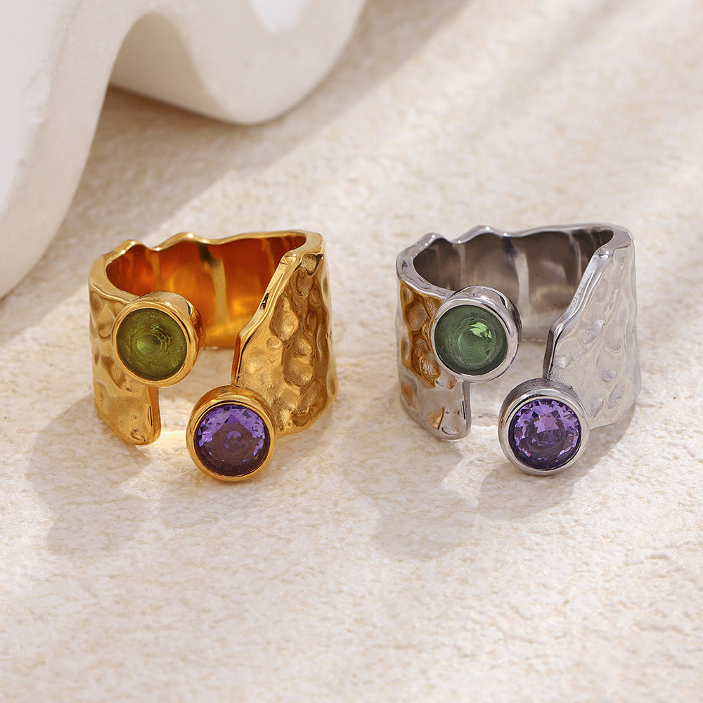 Wholesale Niche Retro Hammered Open Ring Stainless Steel 18K Plated Colorful Women' s Chic Everyday Accessory