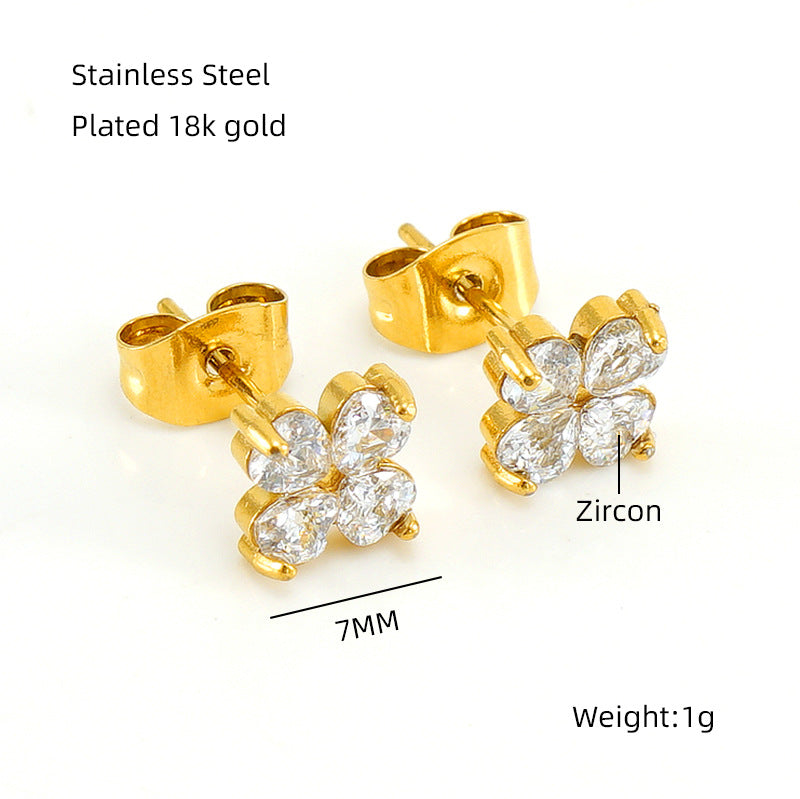 Wholesale Stainless Steel Plated Earrings for Women 18K Gold Inlaid Zircon Four-leaf Clover Earrings ACC-ES-ZhongXin005