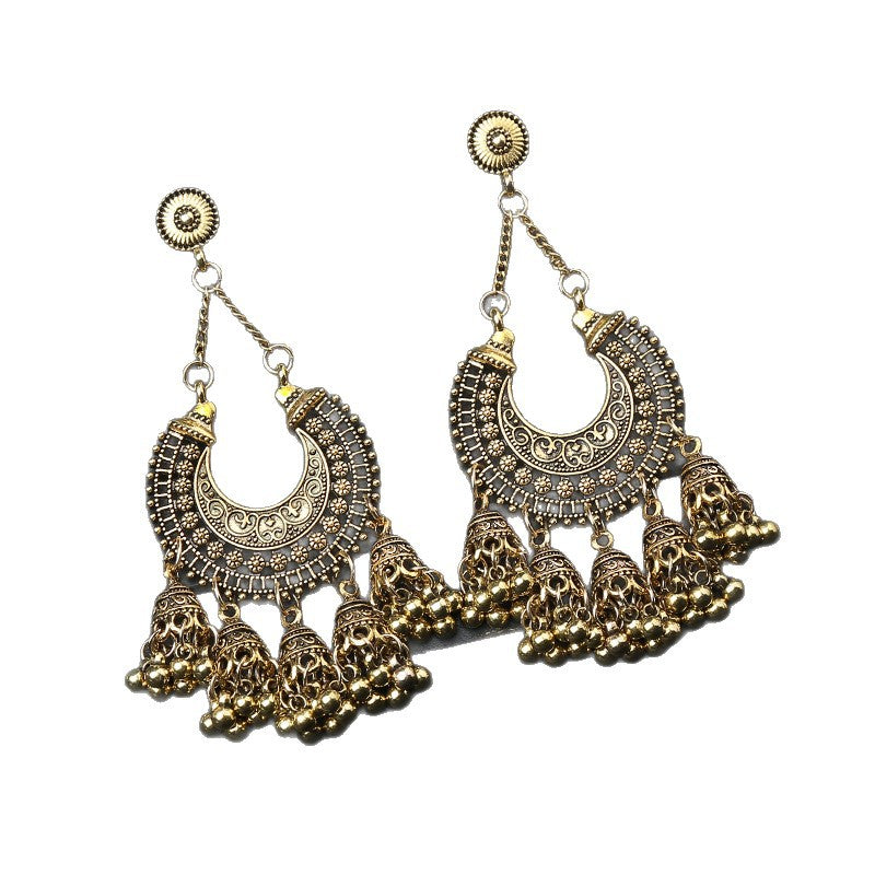 Wholesale Antique Silver Alloy Bohemian Ethnic Bell Carved Drop Earrings,  Fashion Jewelry Accessory for Party Gift
