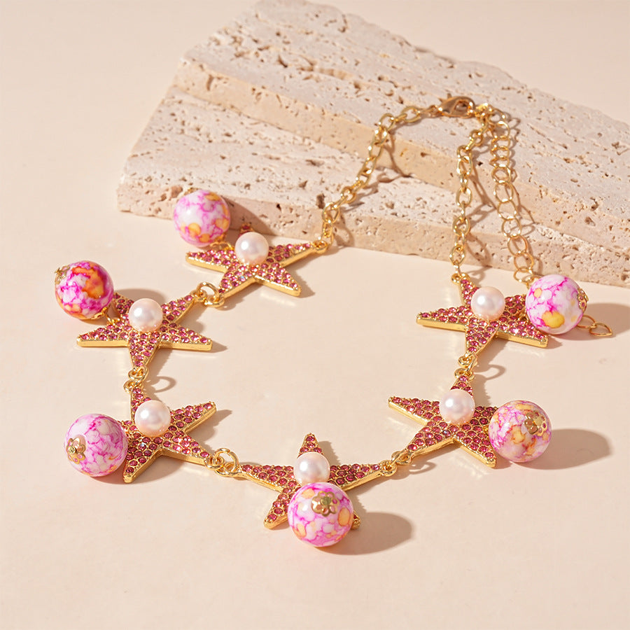 Wholesale Ceramic imitation pearl diamond five-pointed star necklace