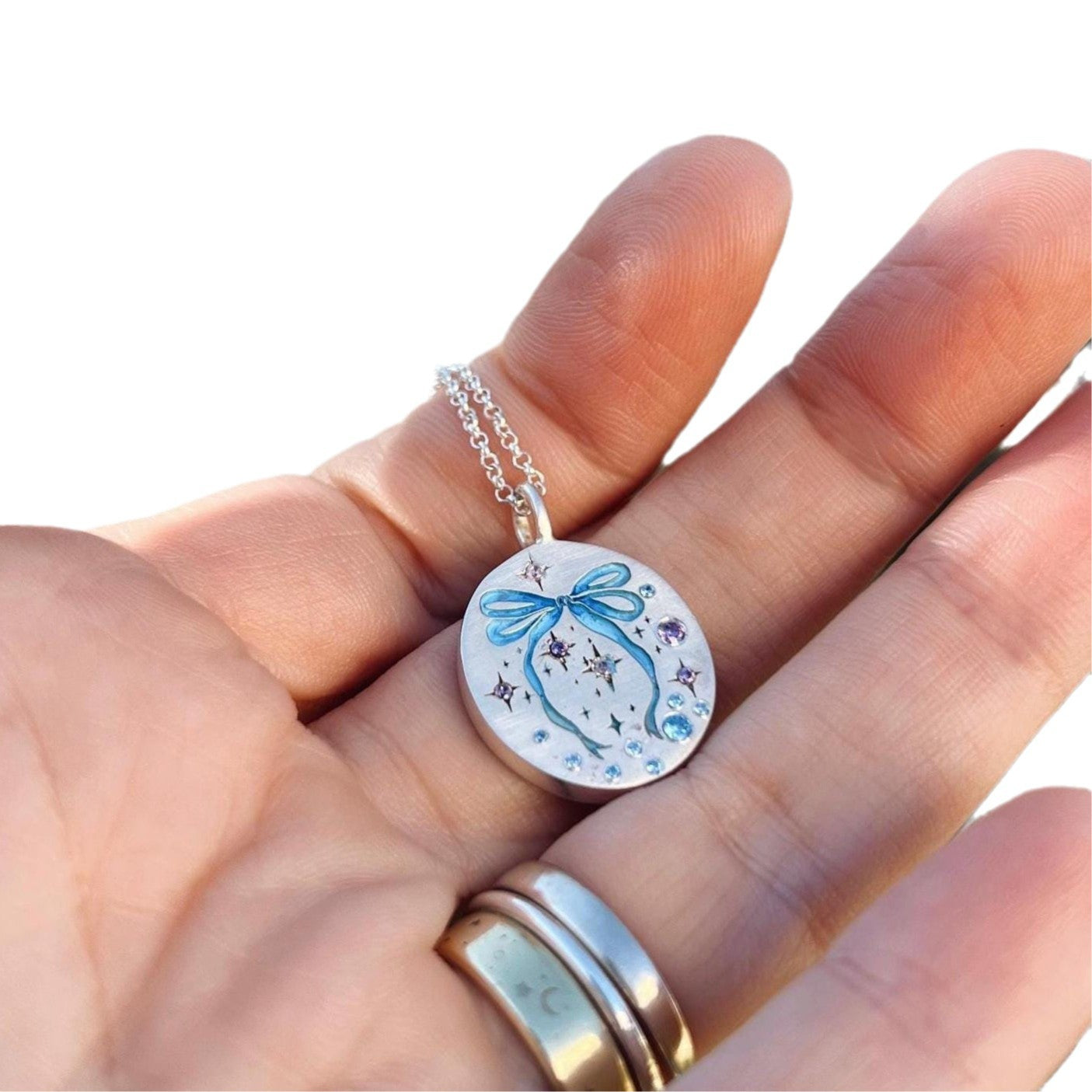 Wholesale Titanium Steel Bow Painted Oil Dropping Rabbit Element Pet Oval Tarot Necklace