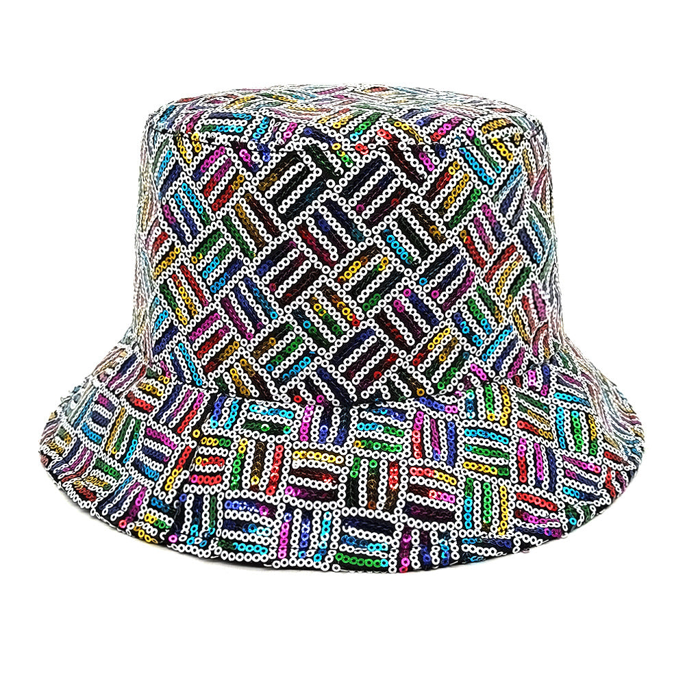 Wholesale  Sequin Grid Stripe Stage Performance Reflective Basin Hat Bucket Hat