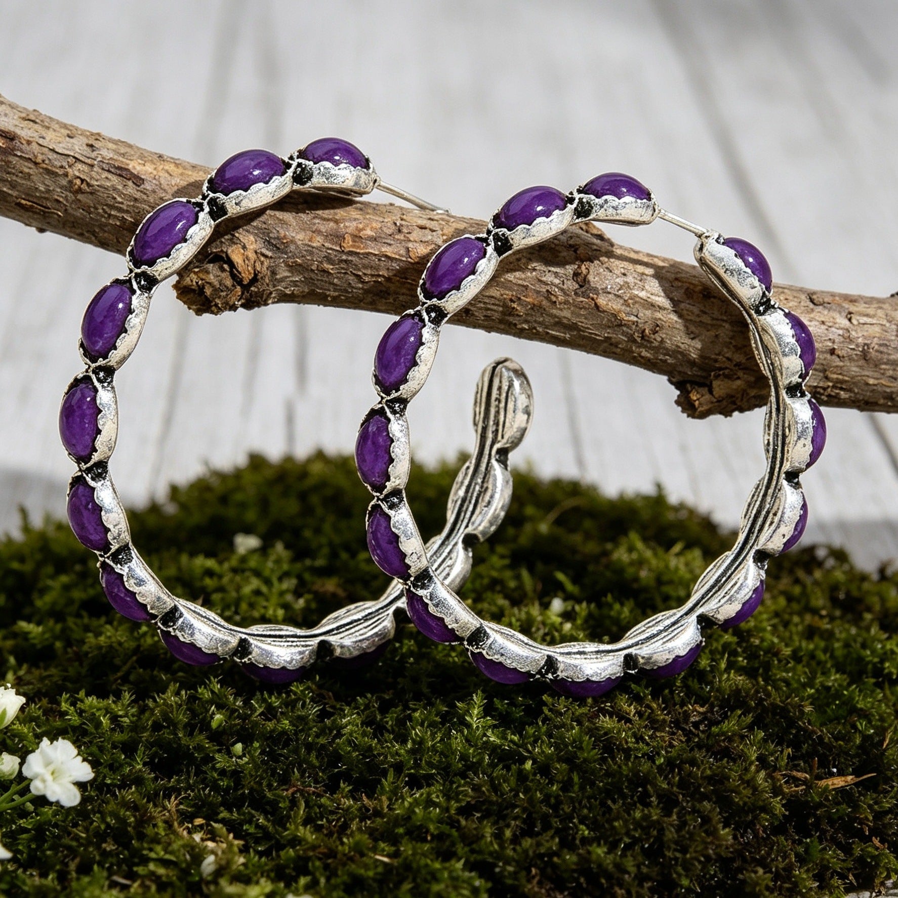 Wholesale Vintage Bohemian Large Hoop C Shape Alloy Earrings In Purple Turquoise Style Party Wear Fashion Accessory