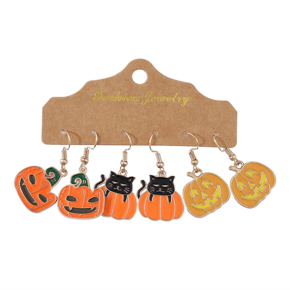 Wholesale  Halloween Black Cat Grimace Pumpkin Pendant Oil Drop Earrings Set