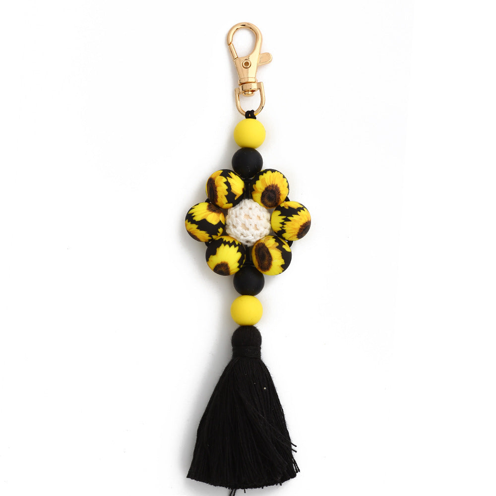 Wholesale Leopard Print Sunflower Solid Color Silicone Beaded Tassel Keychain
