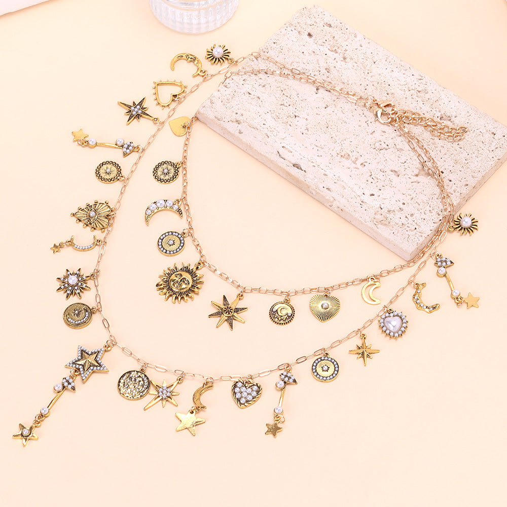 Wholesale  Light Luxury Style Hand-Spliced Multi-Layer Sun Star Moon Pendant Necklace