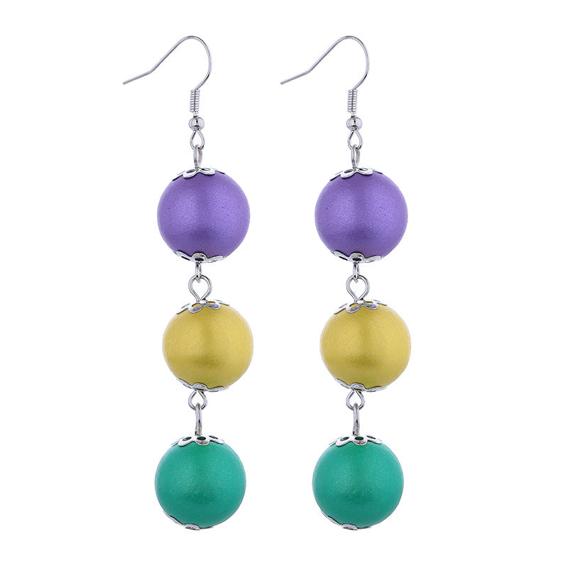Wholesale Mardi Gras Earrings Purple Yellow Green Tricolor Beaded Long Earrings