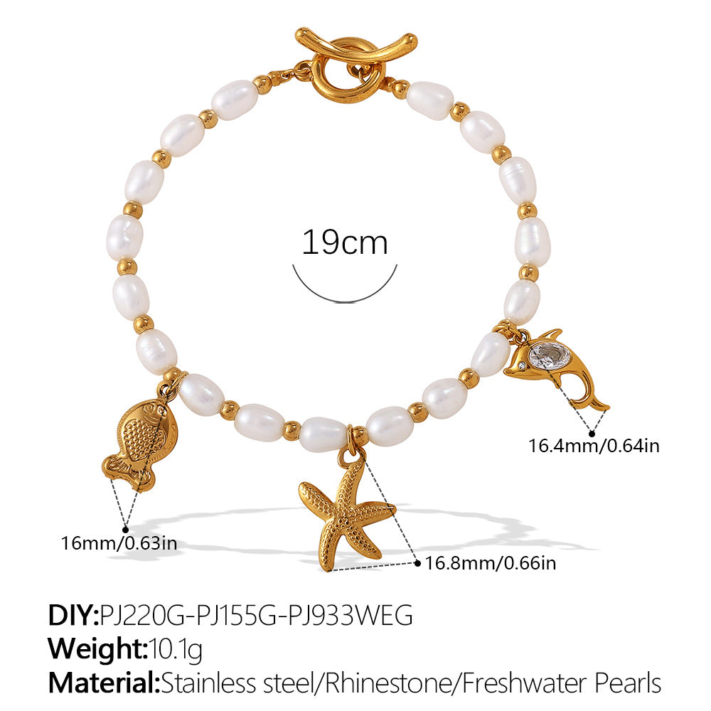 Wholesale  Fashion Creative Ocean Theme Freshwater Pearl DIY Dolphin Pendant Bracelet Plated with 18K Gold Niche Jewelry for Women