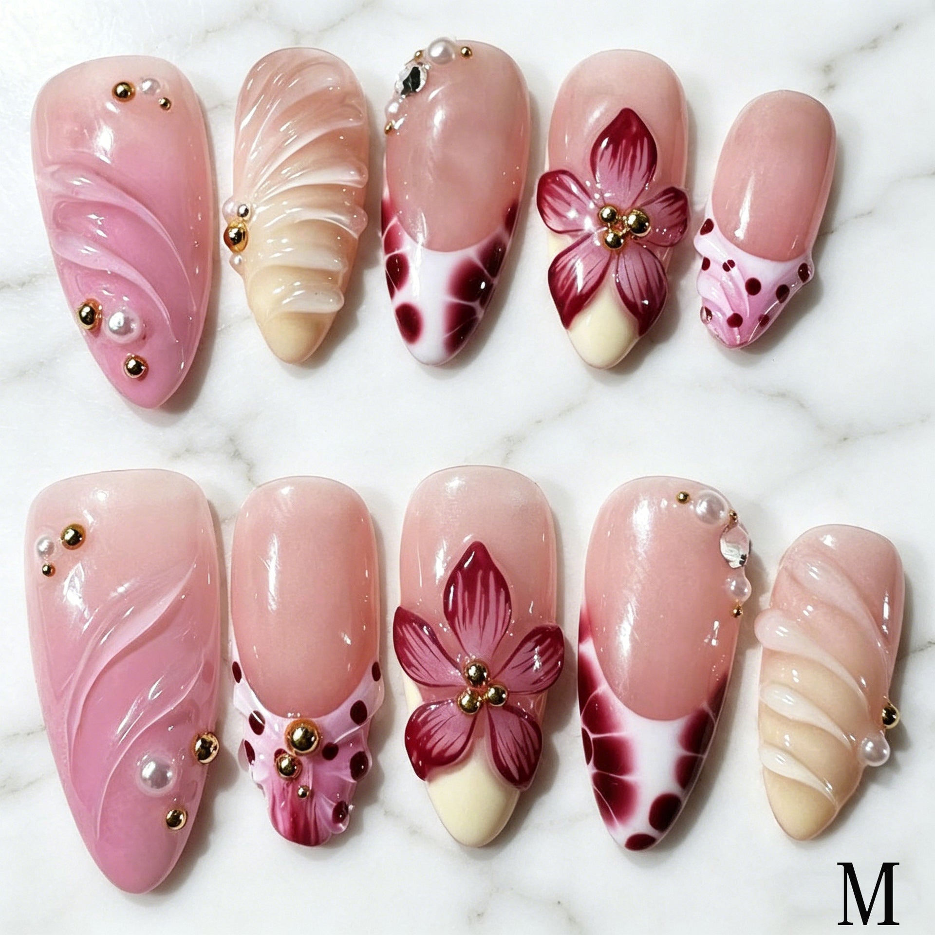 Wholesale 10 Pieces Almond Shaped Press On Nails Pink Gradient Floral Pearl Design Sweet Everyday Fashion Accessory Gift For Women