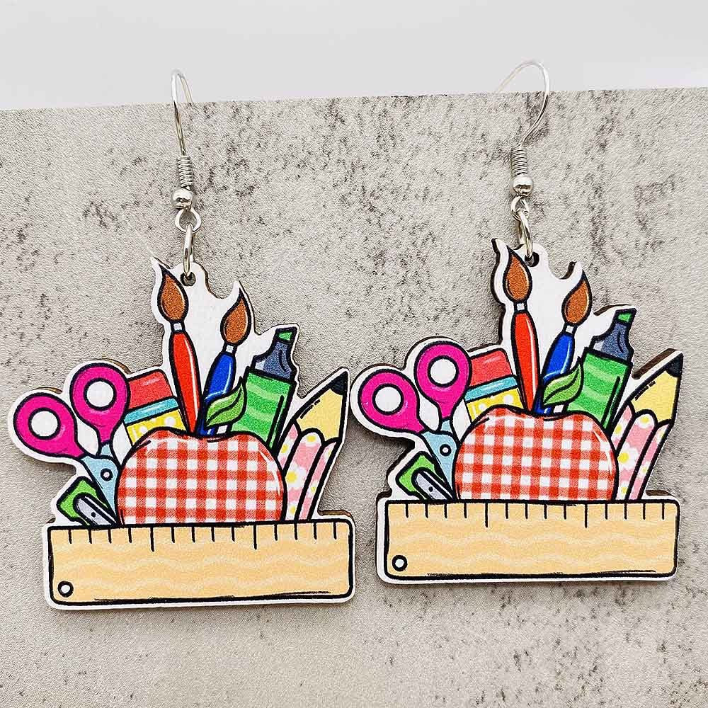 Wholesale Teachers' Day Earrings Pencil Alarm Clock Wooden Earrings