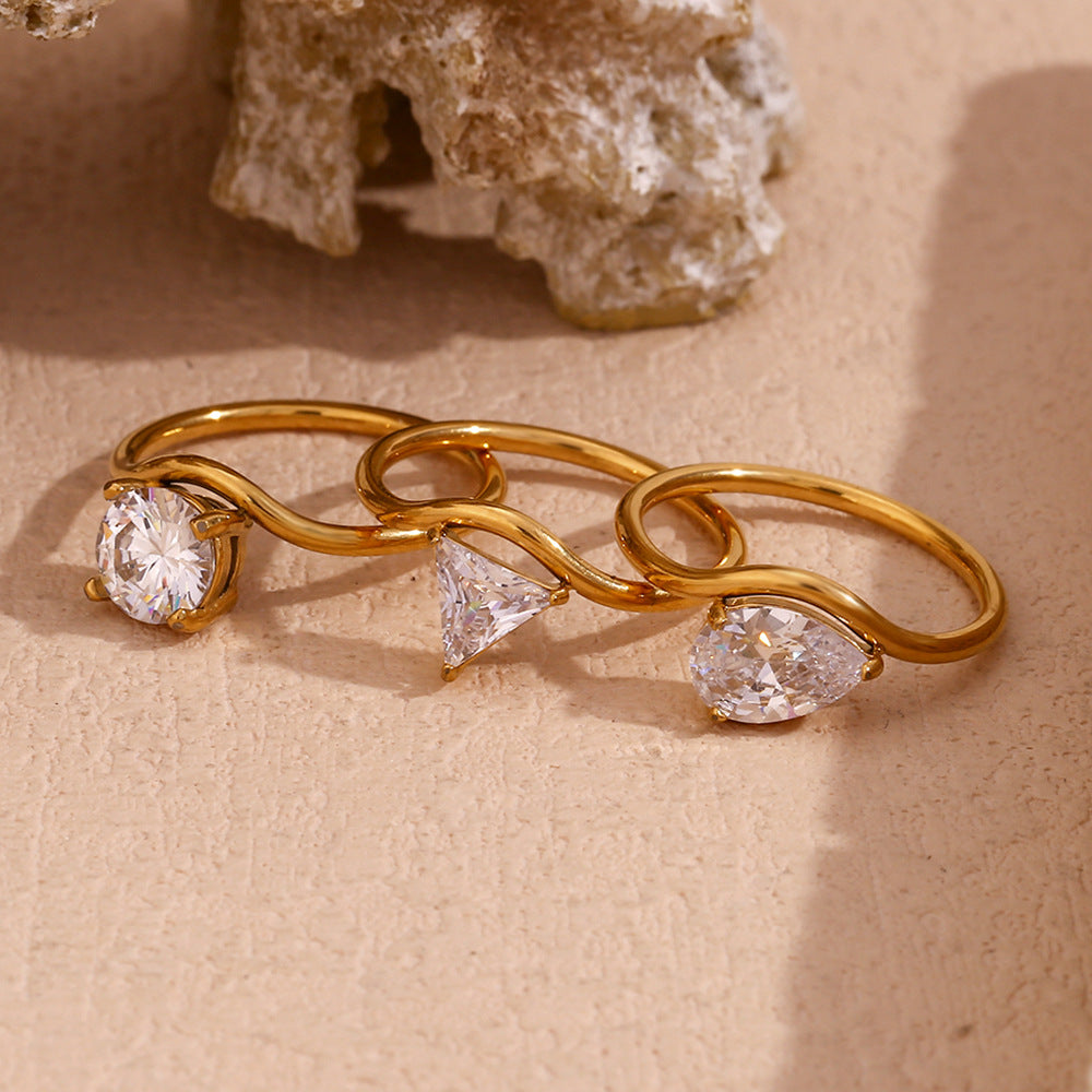 Wholesale Geometric Wave Ring Stainless Steel Gold Zircon Ring Fashion Jewelry Accessory Gift Boutique Resale