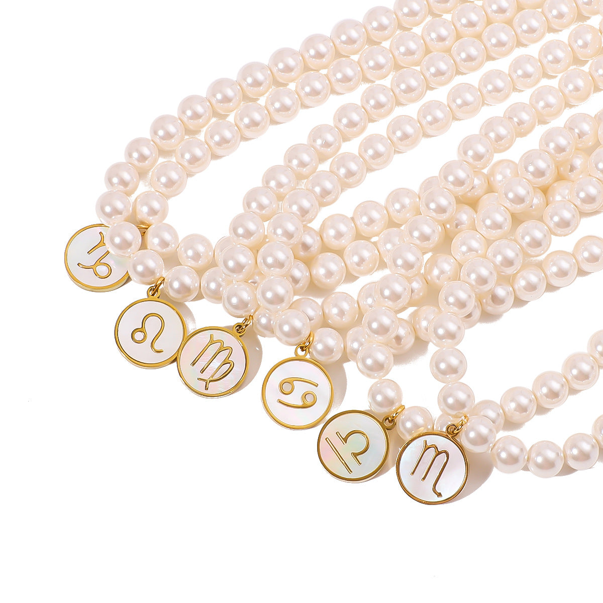 Wholesale 12 constellation stainless steel plated 18k gold white seashells pearl light luxury necklace