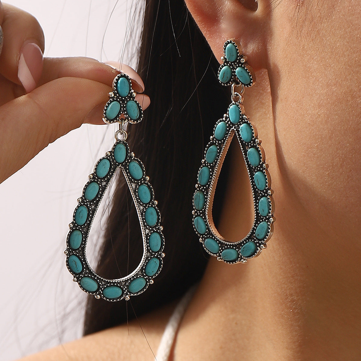 Wholesale Retro Bohemian Geometric Inlay Turquoise Pendant Ethnic Style All-match Earrings