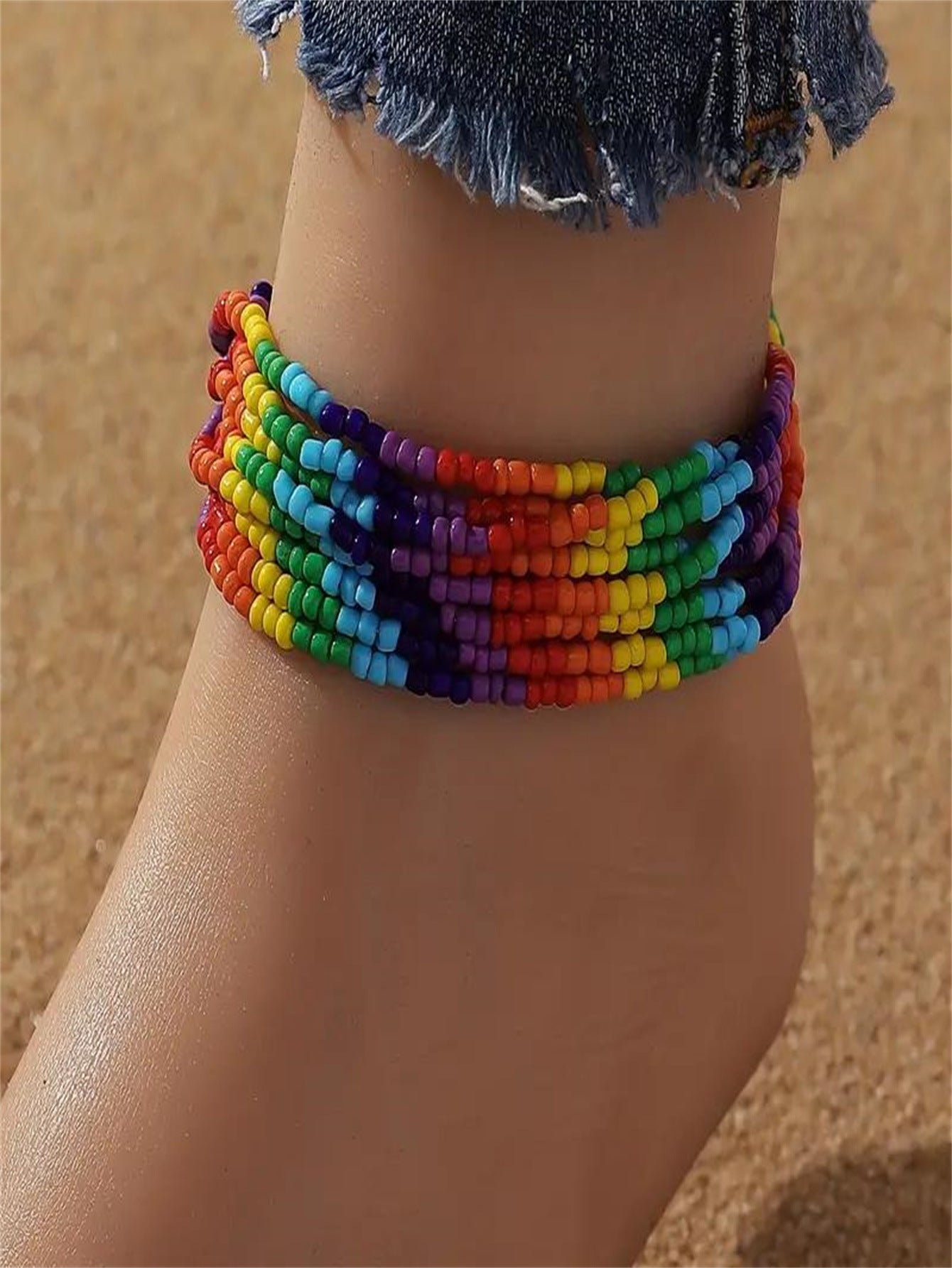 Wholesale  rainbow anklet bohemian rice beads elastic beaded accessories  anklets