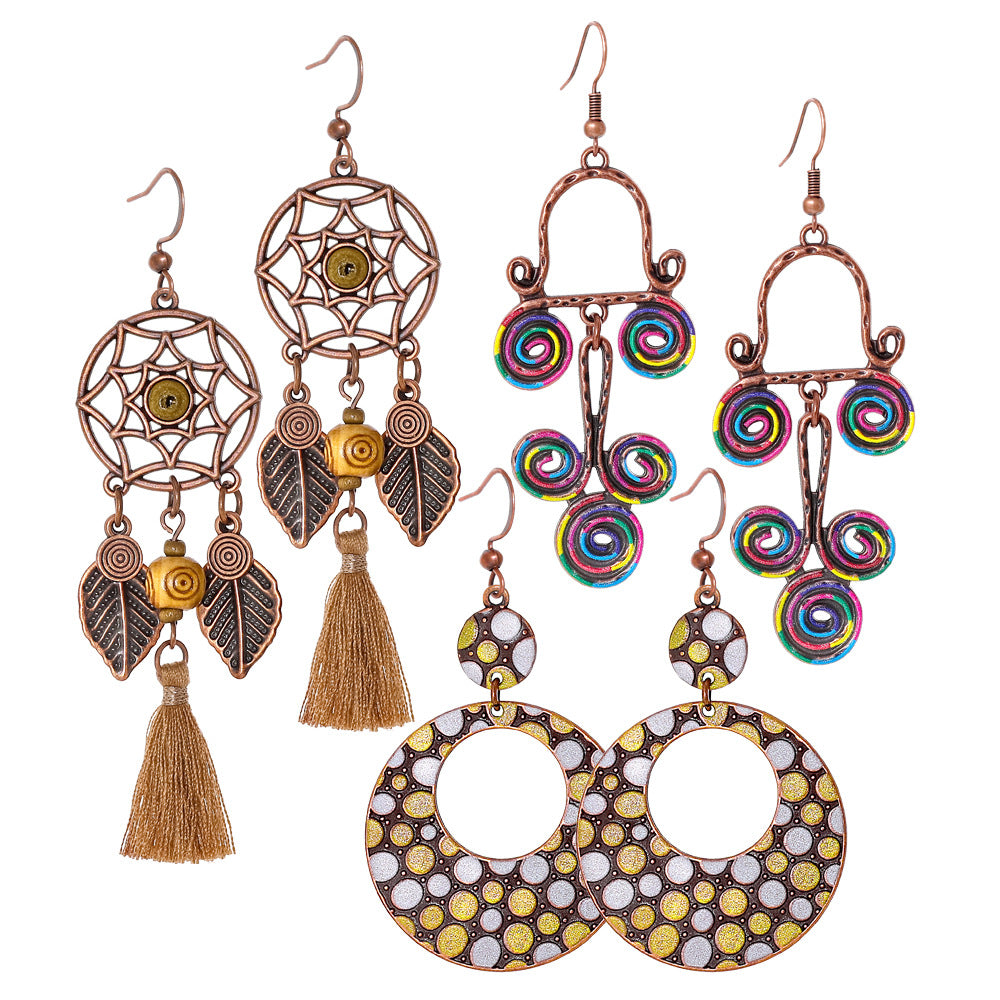 Wholesale Retro Bohemian Ethnic Hollow Tassel Earring Set Zinc Alloy Boutique Resale