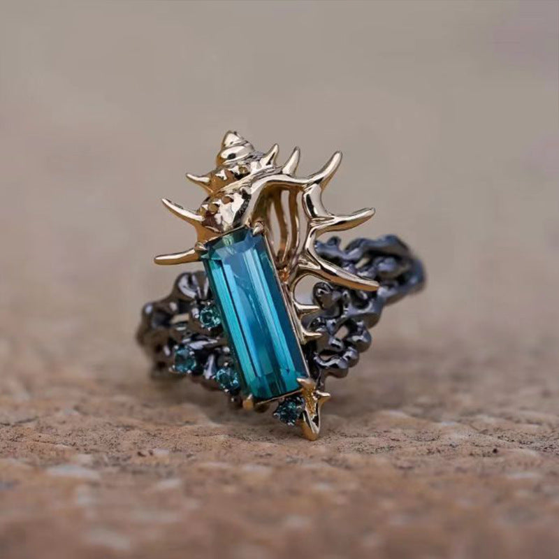 Wholesale  Marine Life Conch Index Finger Ring Coral Blue Crystal Diamond Ring
