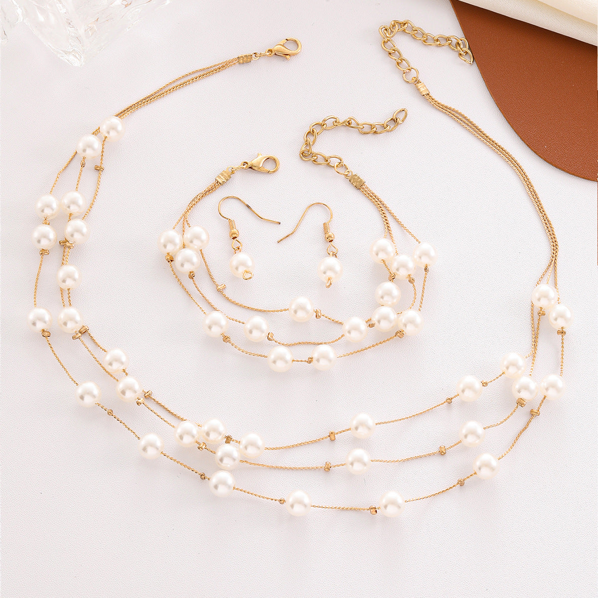 Wholesale Fashion Alloy Pearl 3 Piece Jewelry Set Necklace Earrings Bracelet Party Wear Accessory