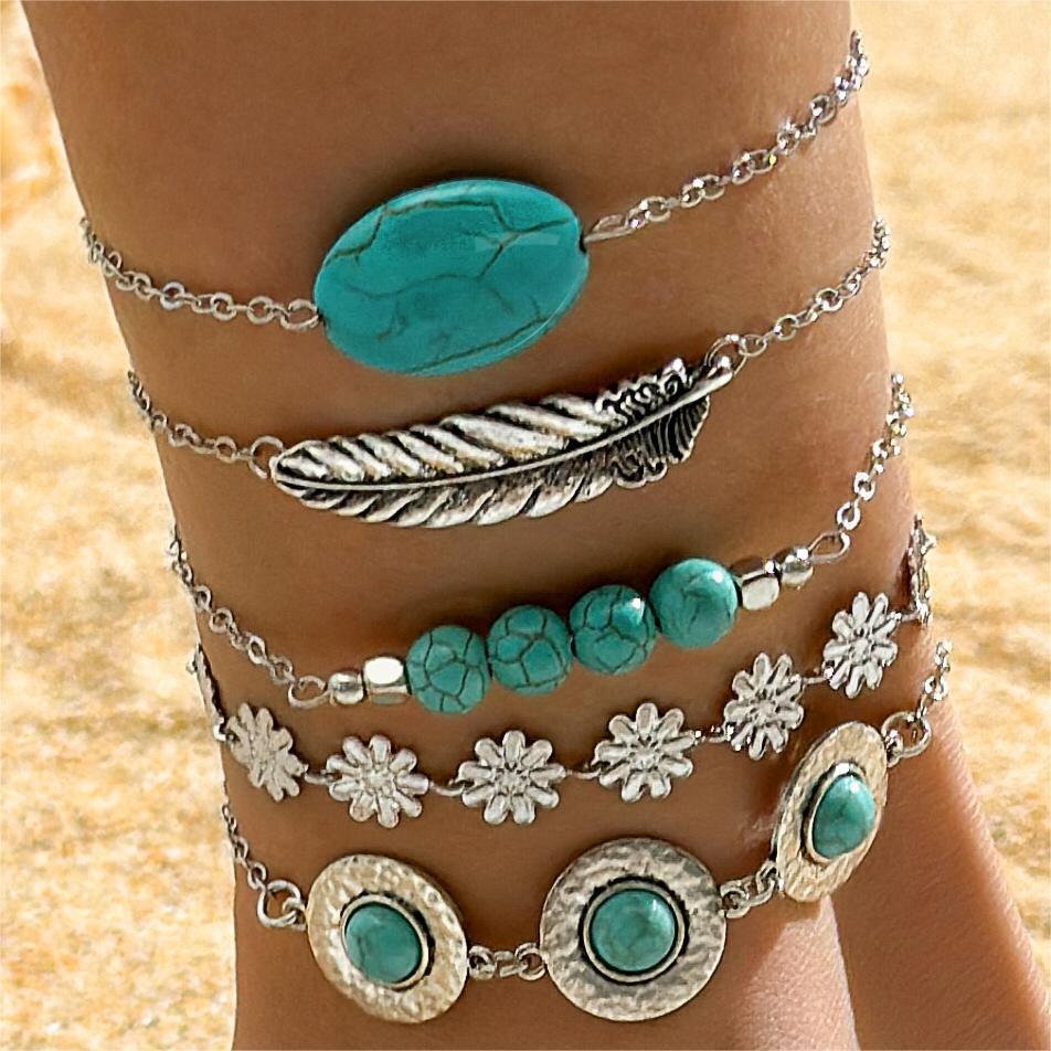Wholesale Bohemian Turquoise Leaf Bracelet Set