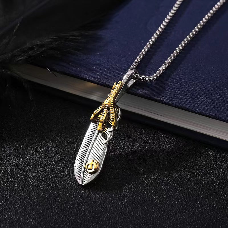 Wholesale Turquoise Eagle Claw Alloy Vintage Maple Leaf Pendant Sweater Chain Long Necklace Titanium Steel ACC-NE-BYJY011