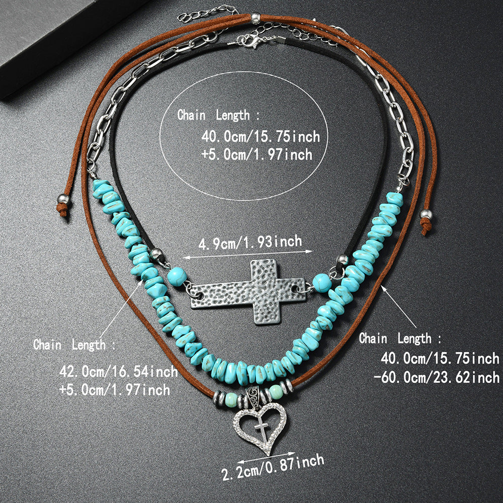 Wholesale Retro Ethnic Turquoise Beaded Layered Leather Choker Necklace Set With Cross Heart Pendant For Women