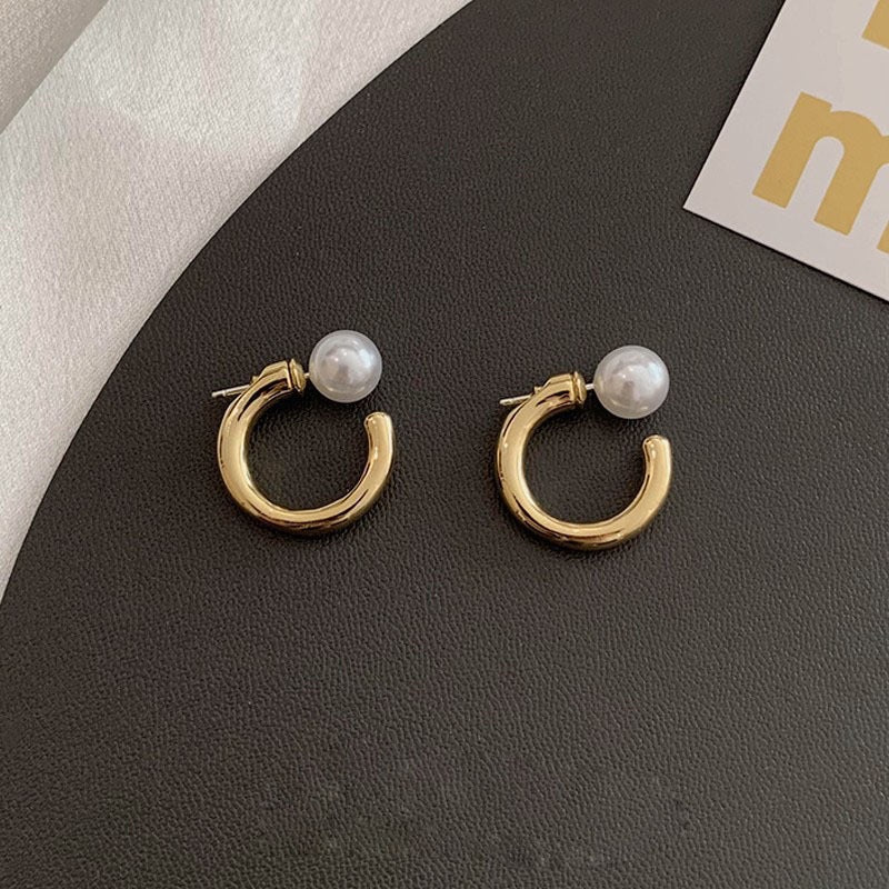 Wholesale Silver-Tone Metal C-Shaped Pearl Earrings Korean Style Fashion Jewelry Accessory