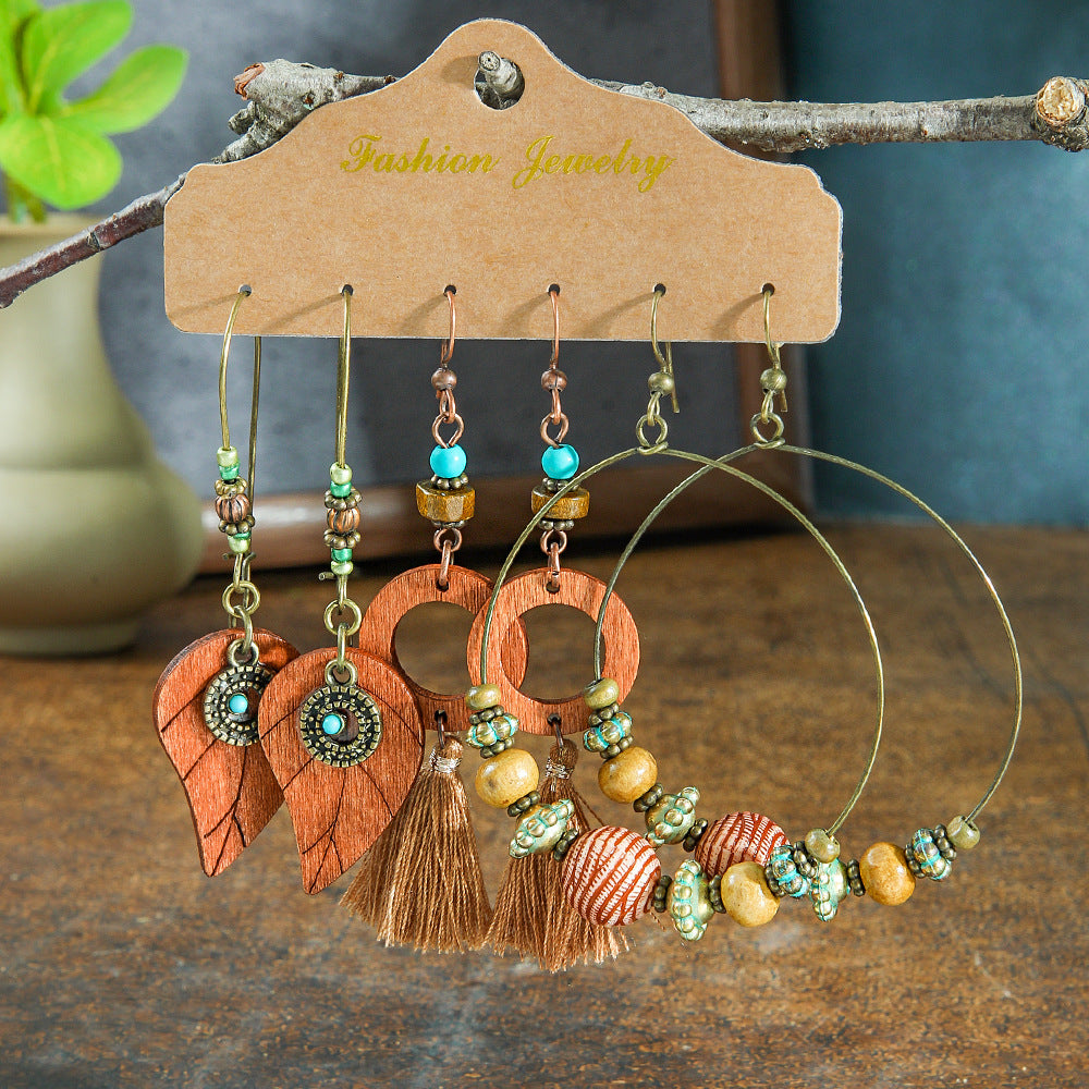 Wholesale Retro Ethnic Round Metal Tassel Earrings Set Fashion Accessory