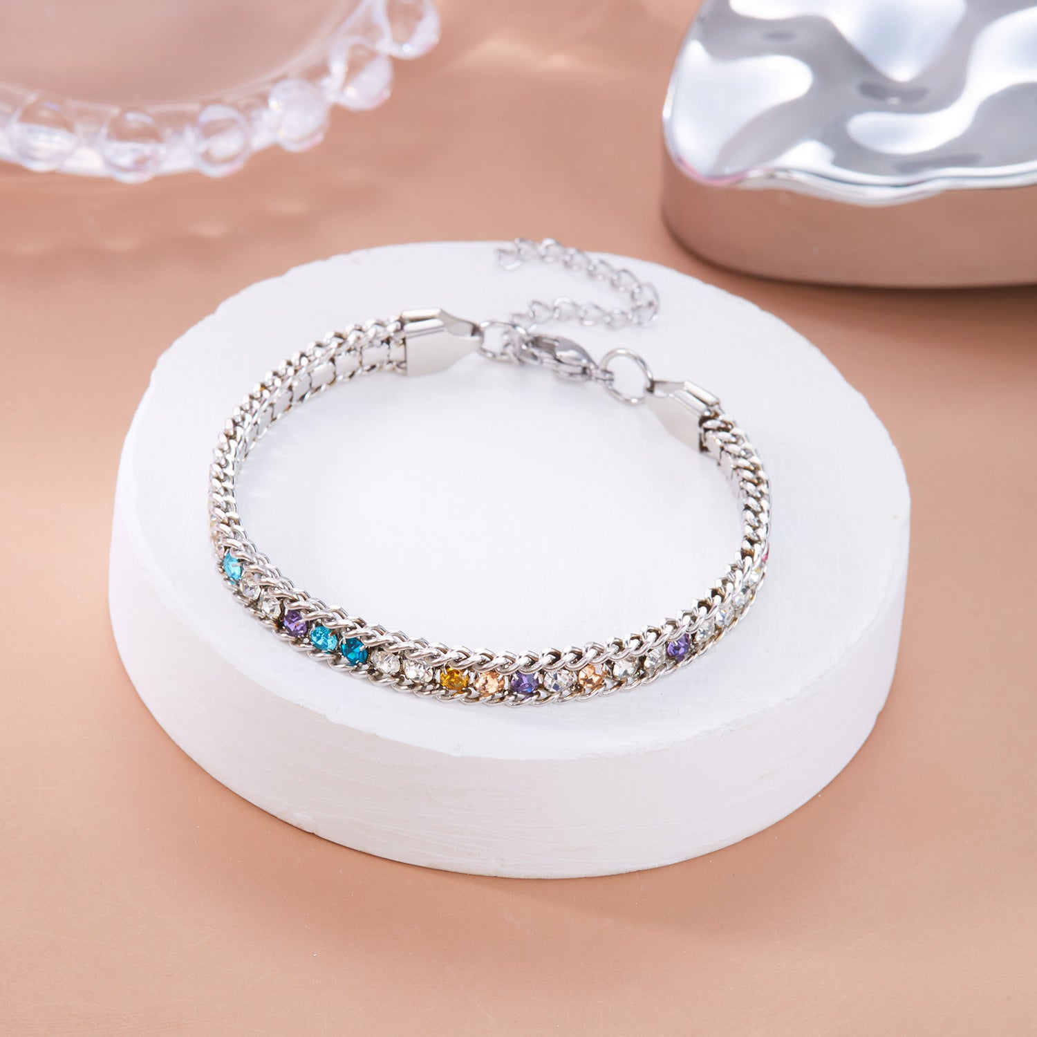 Wholesale Stainless Steel Diamond Bracelet Color Zircon Rhinestone Claw Chain