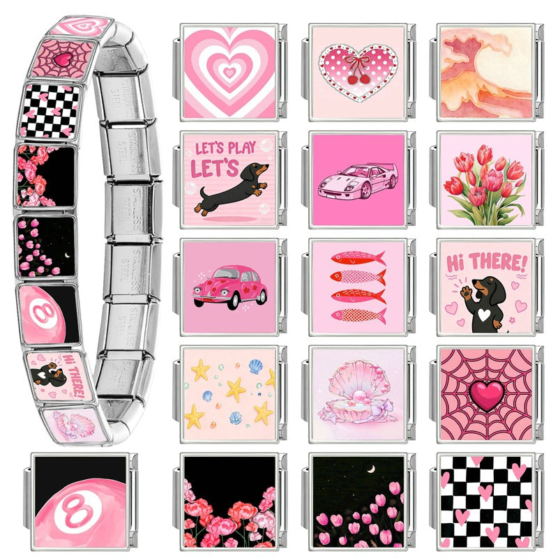 Wholesale Italian Style DIY Pink Heart Pet Car Theme Stainless Steel Bracelet Jewelry Accessory